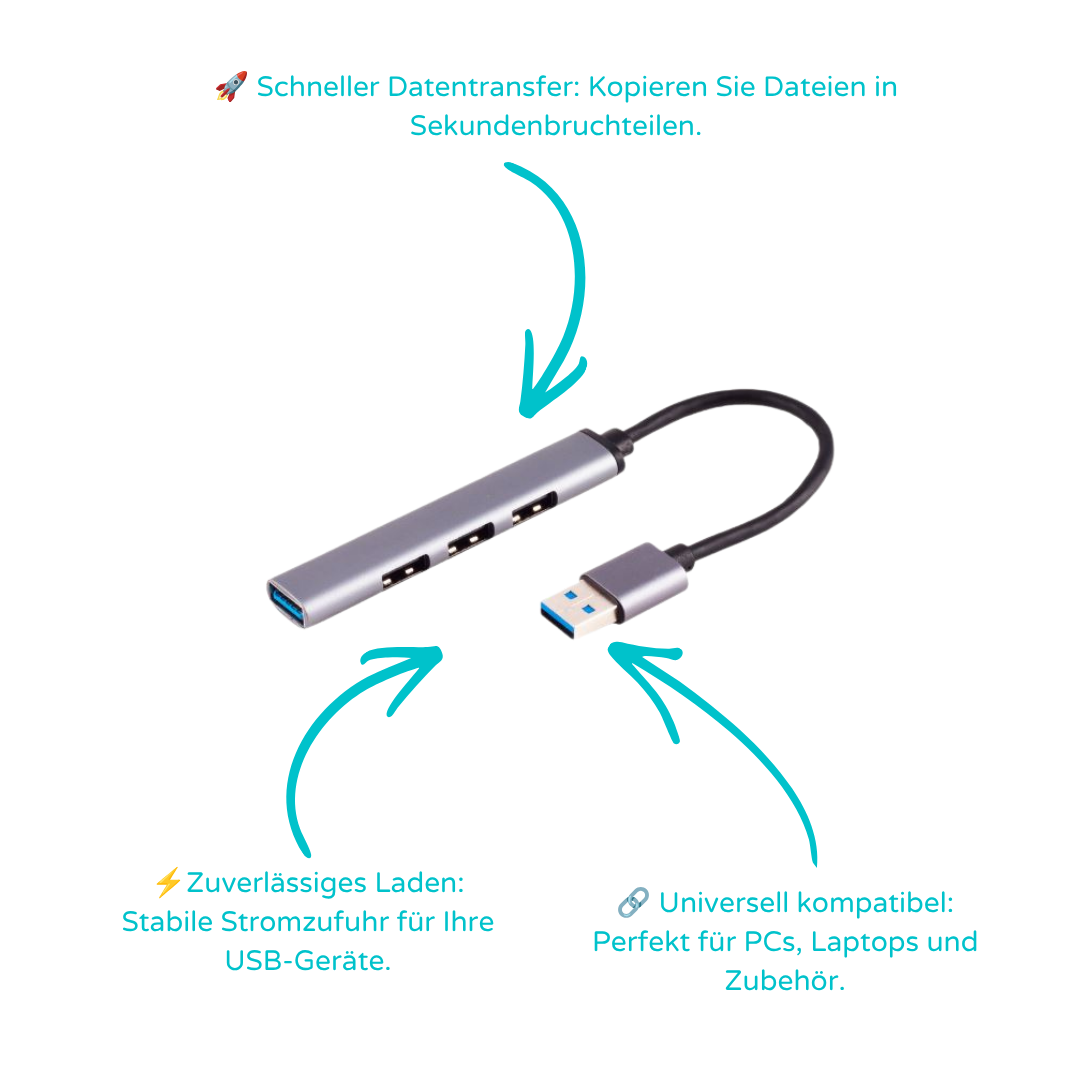 USB-A Hub, 3.0, 4-fach USB-A, ALU, slim, 0,12m